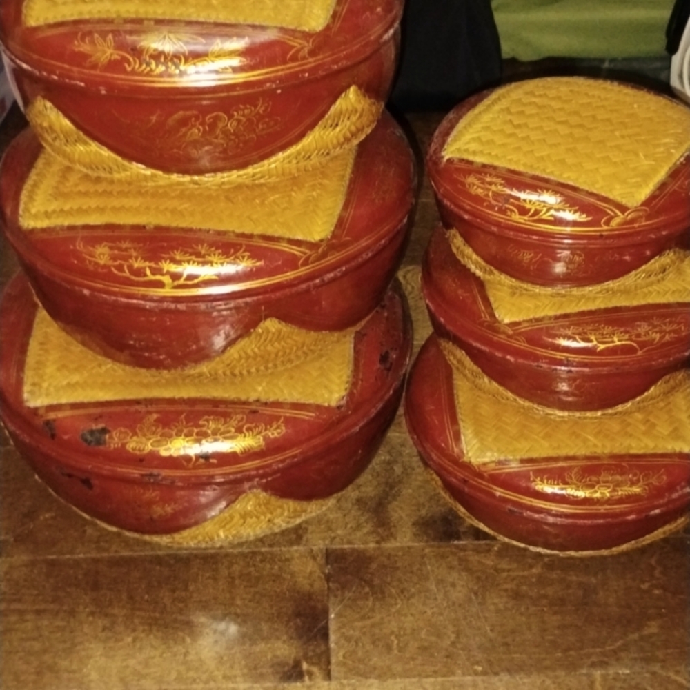 Pair of eight (10) gorgeous antique Vietnamese handmade woven bowls